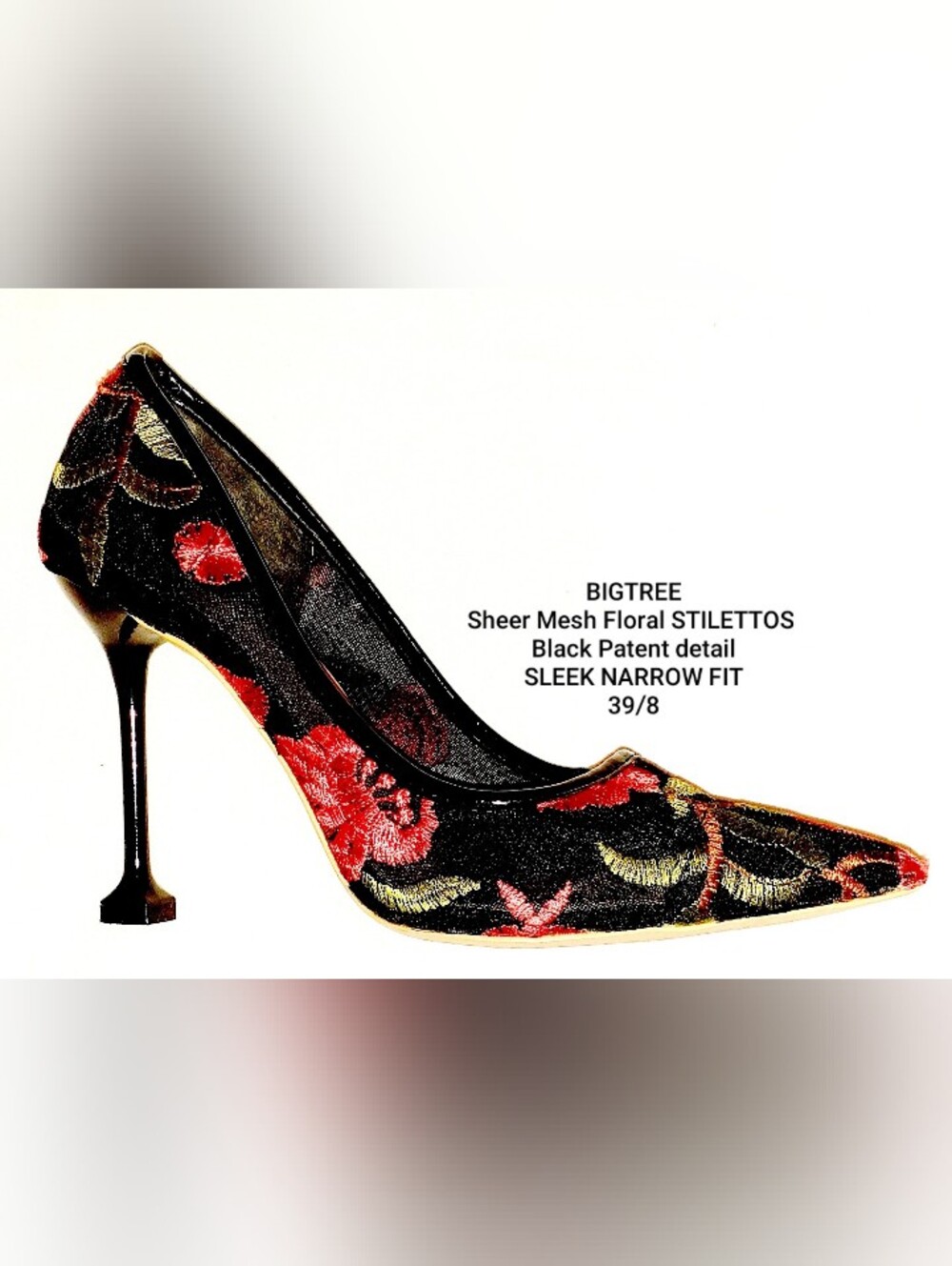 BIGTREE Black Mesh & Embroifered Floral Stilettos   EUR 39 | US 8